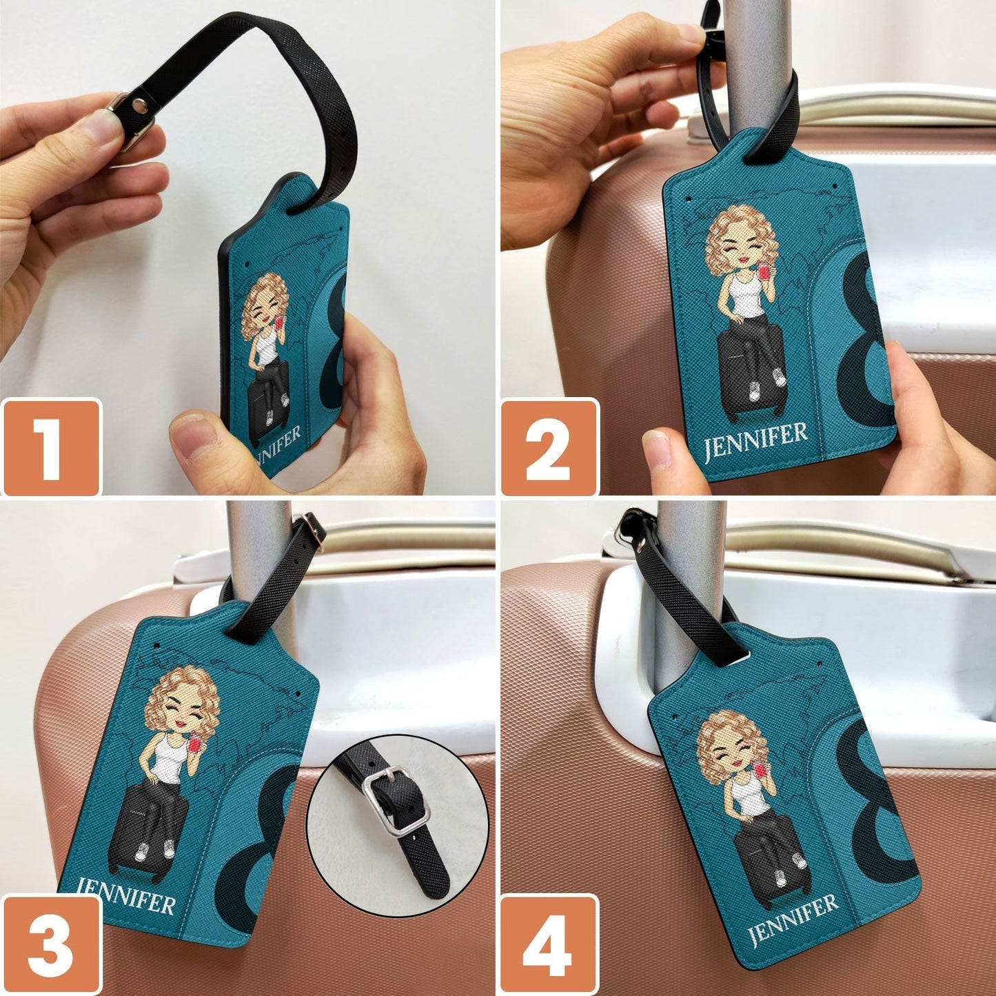 Leather Luggage Tag Set of 2, Personalized for Couples, cartoon couple on suitcase, easy to spot, a unique gift for travelers