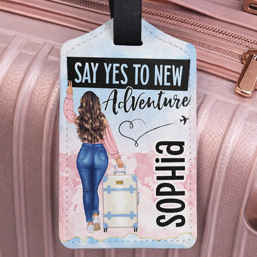 Leather Luggage Tag Personalized for Travel, Girl With Suitcase Adventure Design, Unique Creative Gift for Cruise or Trips