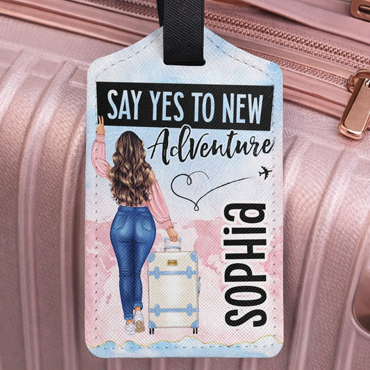 Leather Luggage Tag Personalized for Travel, Girl With Suitcase Adventure Design, Unique Creative Gift for Cruise or Trips