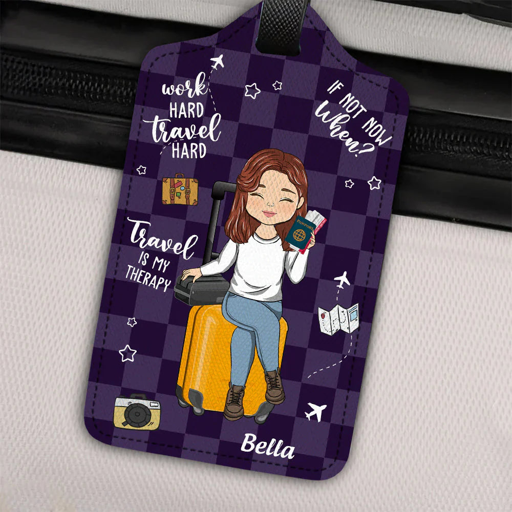 Personalized Leather Luggage Tag, Travel Is My Therapy Cute Cartoon Traveler Design, Unique Gift For Travel Lovers