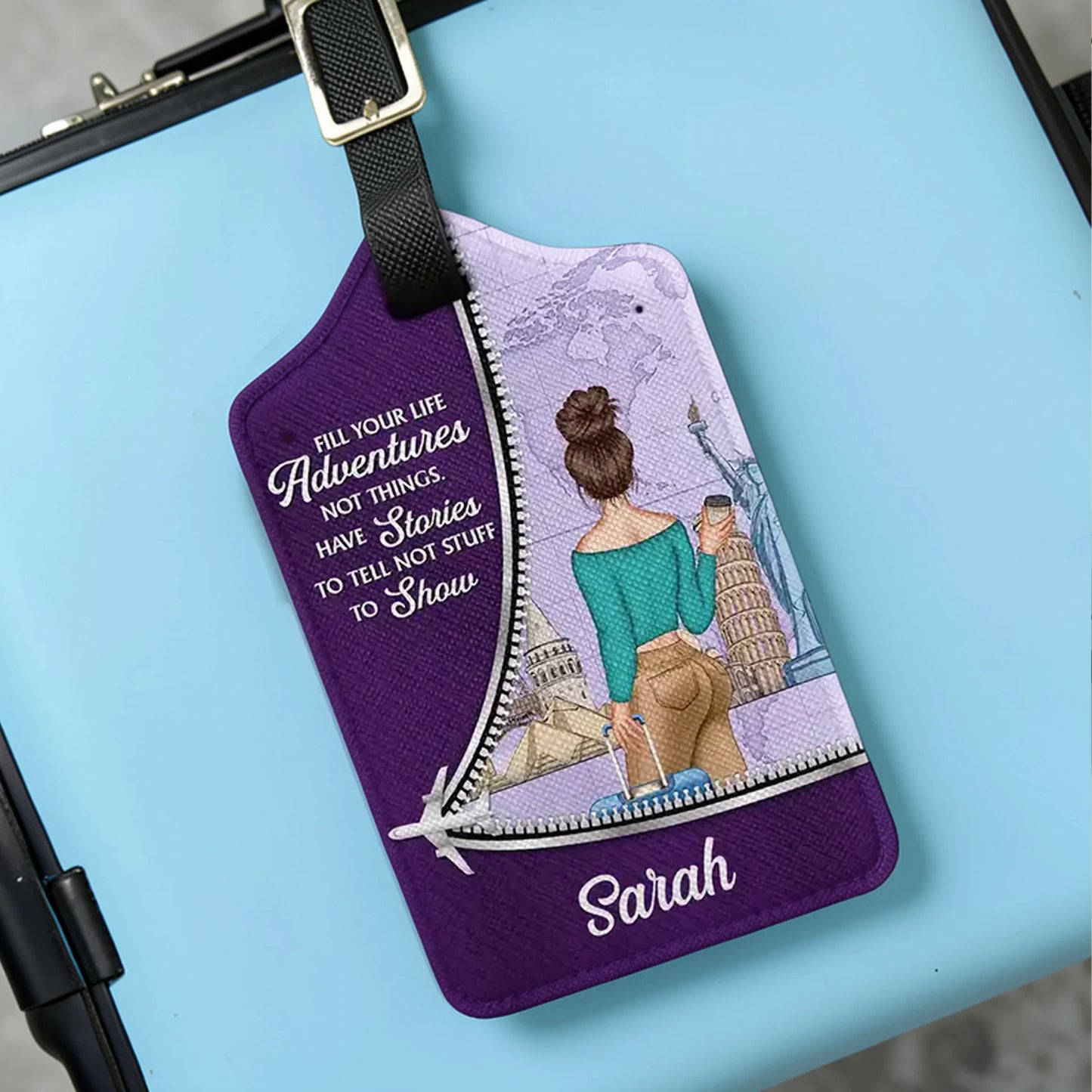 Personalized Leather Luggage Tag Adventure Quote Travel Gift for Her - Unique Creative Gift for Travelers