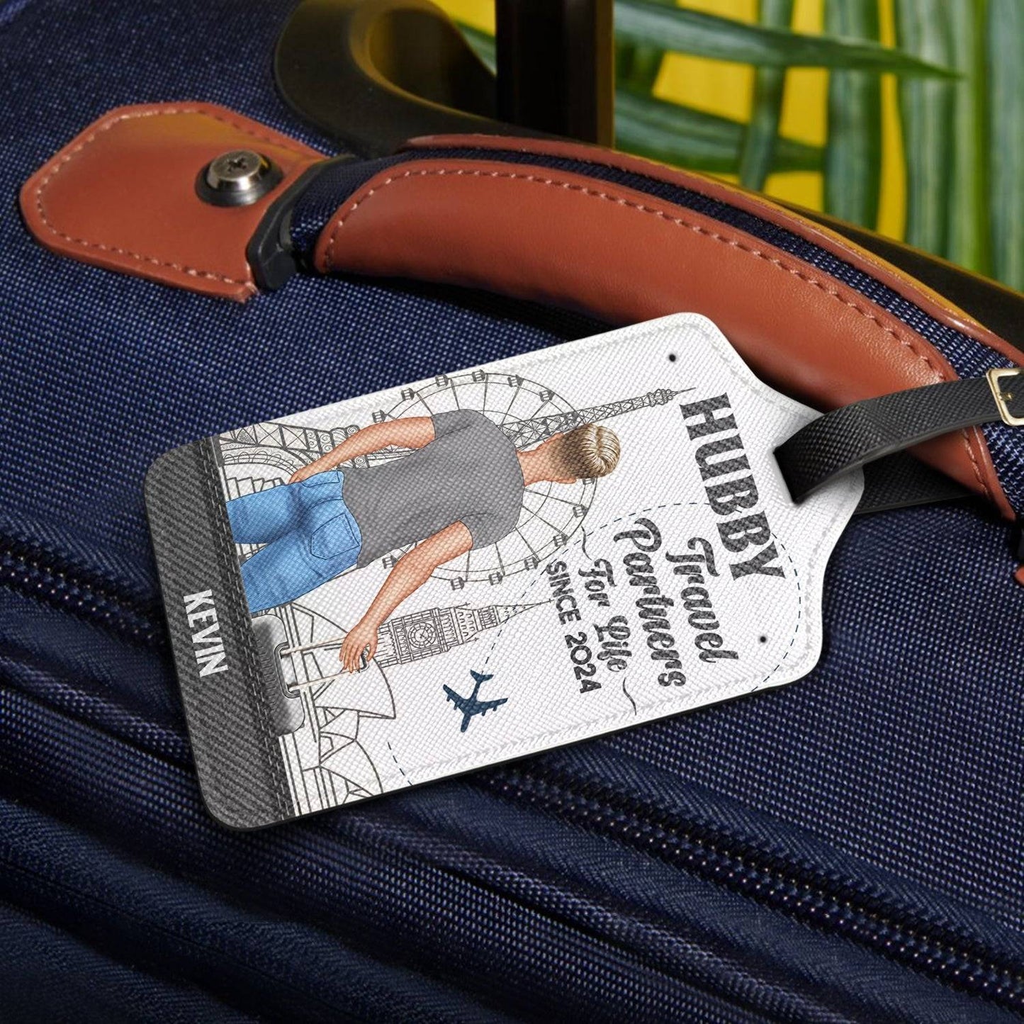 Couples Leather Luggage Tag Set – Custom Travel Partners Design with sightseeing illustration, perfect unique gift for the traveler you love