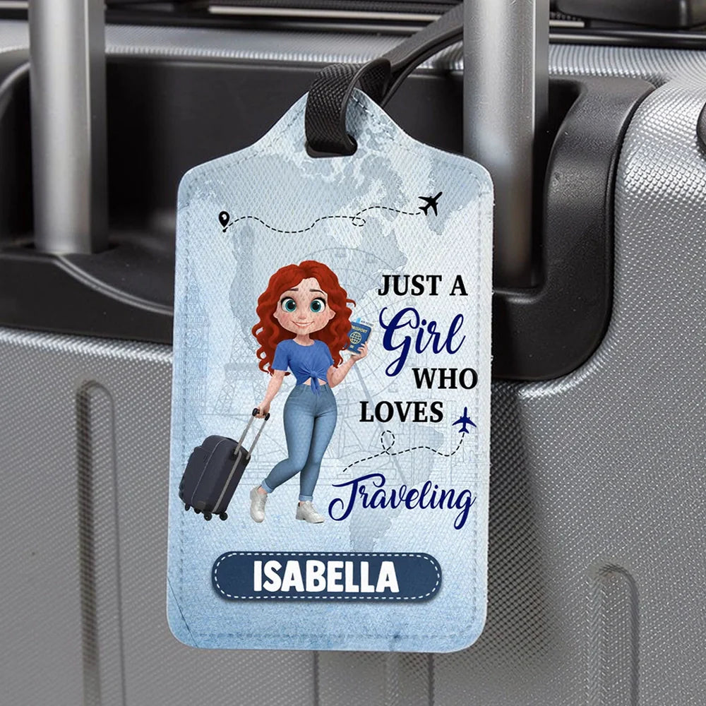 Personalized Leather Luggage Tag Just a Girl Who Loves Traveling Cartoon Design - Unique Travel Gift
