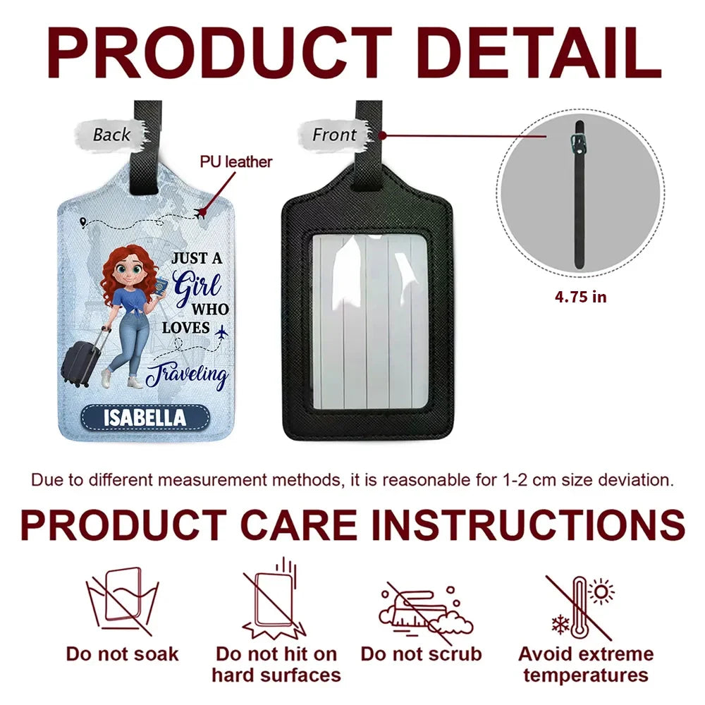 Personalized Leather Luggage Tag Just a Girl Who Loves Traveling Cartoon Design - Unique Travel Gift