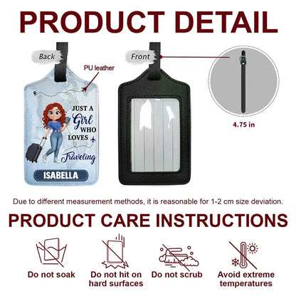 Personalized Leather Luggage Tag Just a Girl Who Loves Traveling Cartoon Design - Unique Travel Gift