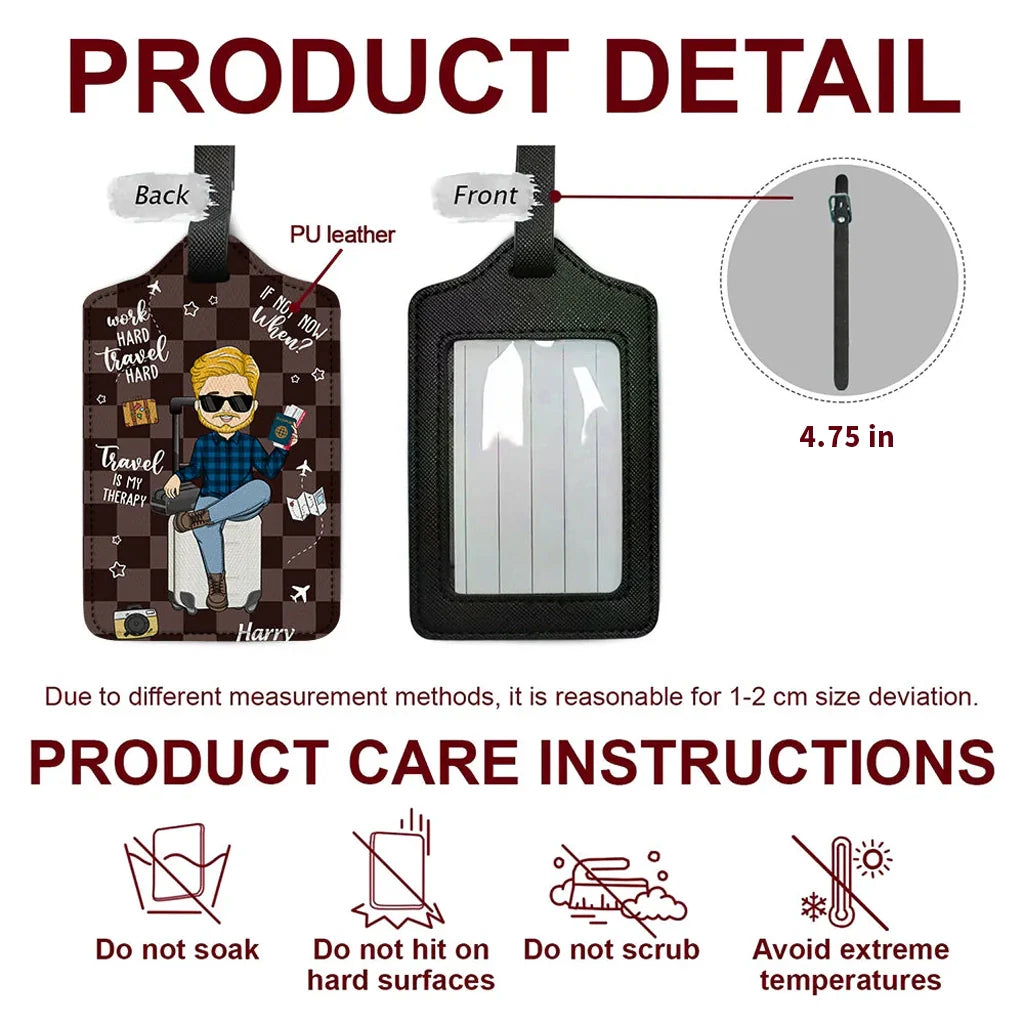 Personalized Leather Luggage Tag, Travel Is My Therapy Cute Cartoon Traveler Design, Unique Gift For Travel Lovers