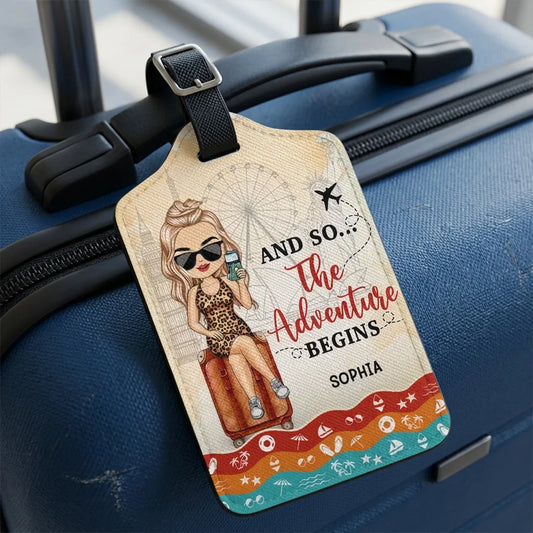 Personalized Leather Luggage Tag And So The Adventure Begins Cute Traveler Girl Design Unique Travel Gift Easy to Spot