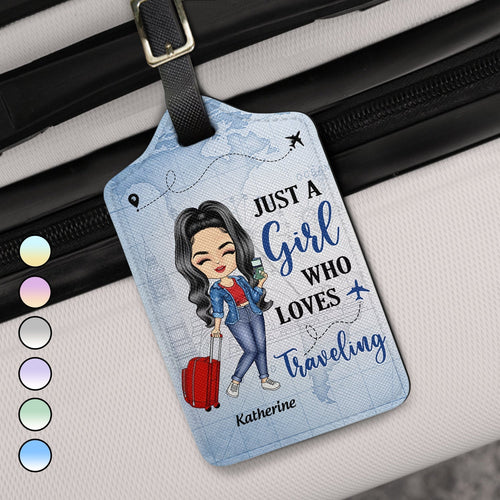Personalized Leather Luggage Tag for Girls Who Love Traveling – Cute Cartoon Traveler, Easy to Spot, Unique Travel Gift