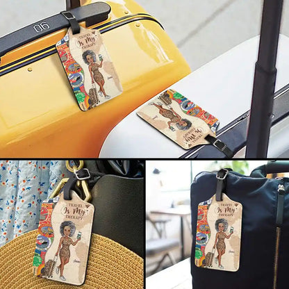 And So The Adventure Begins Leather Luggage Tag, Personalized Travel Accessory for Her with Cartoon Traveler, Stylish Unique Gift for Trips & Cruises
