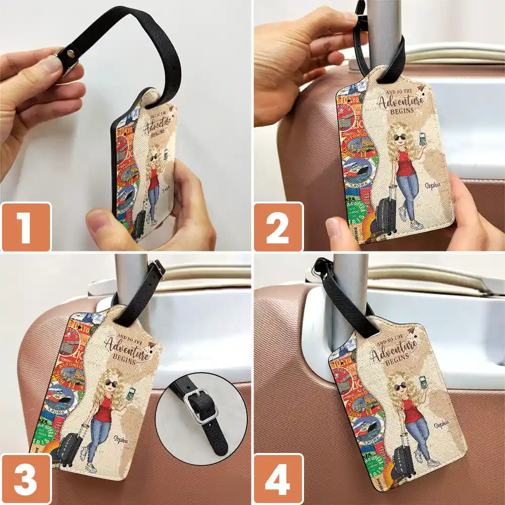And So The Adventure Begins Leather Luggage Tag, Personalized Travel Accessory for Her with Cartoon Traveler, Stylish Unique Gift for Trips & Cruises