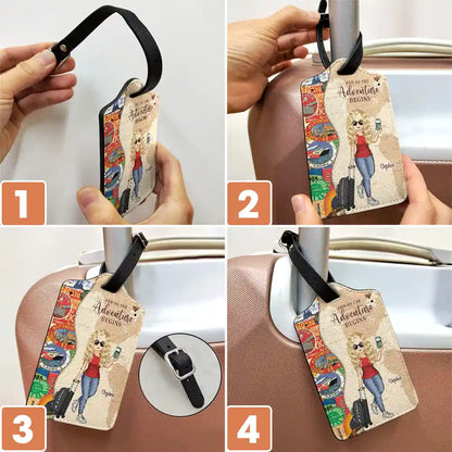 And So The Adventure Begins Leather Luggage Tag, Personalized Travel Accessory for Her with Cartoon Traveler, Stylish Unique Gift for Trips & Cruises