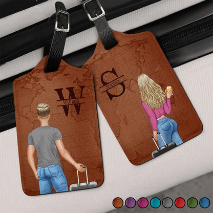 2 Leather Luggage Tag Personalized Set, Matching Couple Rolling Suitcase Design for Cruises and Trips, Thoughtful Gift