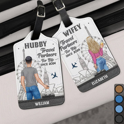 Couples Leather Luggage Tag Set – Custom Travel Partners Design with sightseeing illustration, perfect unique gift for the traveler you love