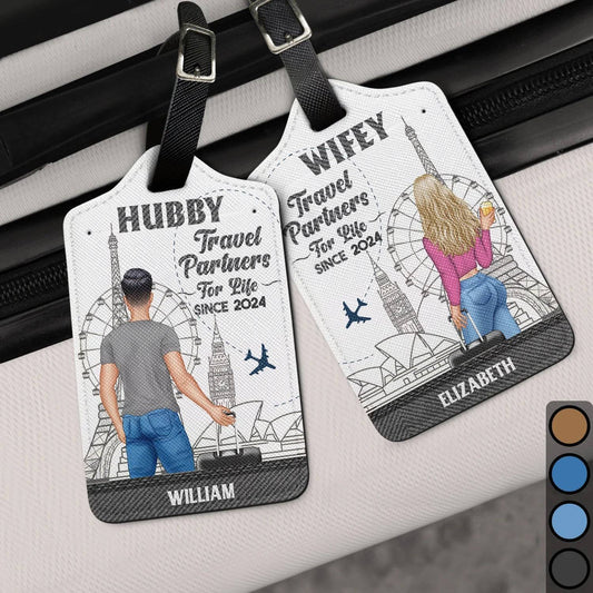 Couples Leather Luggage Tag Set – Custom Travel Partners Design with sightseeing illustration, perfect unique gift for the traveler you love