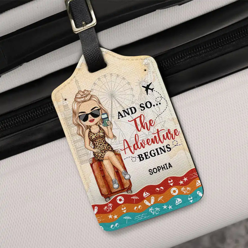 Personalized Leather Luggage Tag And So The Adventure Begins Cute Traveler Girl Design Unique Travel Gift Easy to Spot