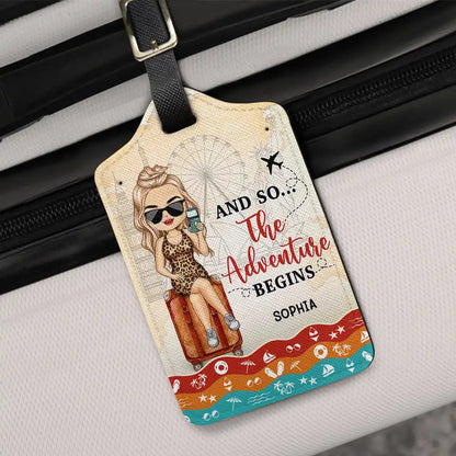 Personalized Leather Luggage Tag And So The Adventure Begins Cute Traveler Girl Design Unique Travel Gift Easy to Spot