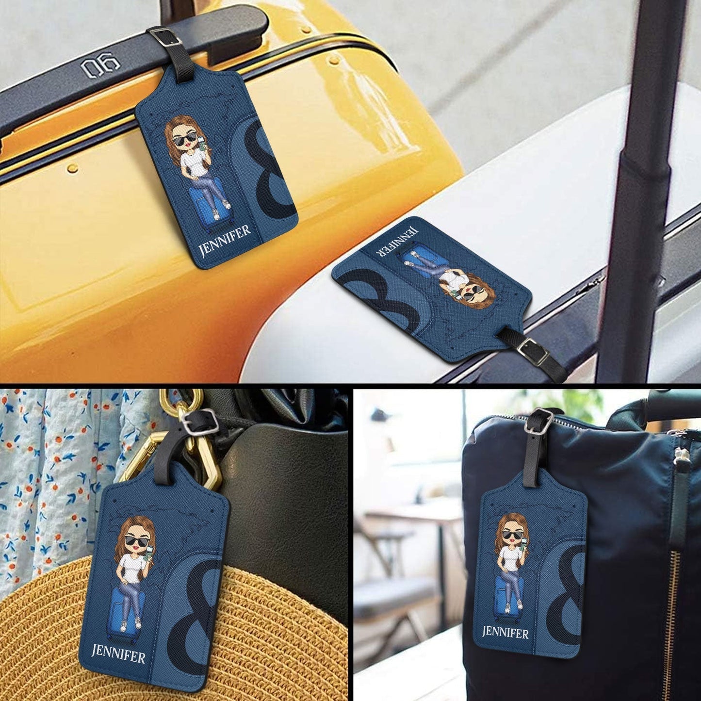 Leather Luggage Tag Set of 2, Personalized for Couples, cartoon couple on suitcase, easy to spot, a unique gift for travelers