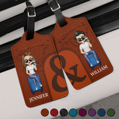 Leather Luggage Tag Set of 2, Personalized for Couples, cartoon couple on suitcase, easy to spot, a unique gift for travelers