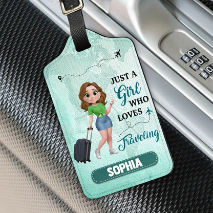 Personalized Leather Luggage Tag Just a Girl Who Loves Traveling Cartoon Design - Unique Travel Gift