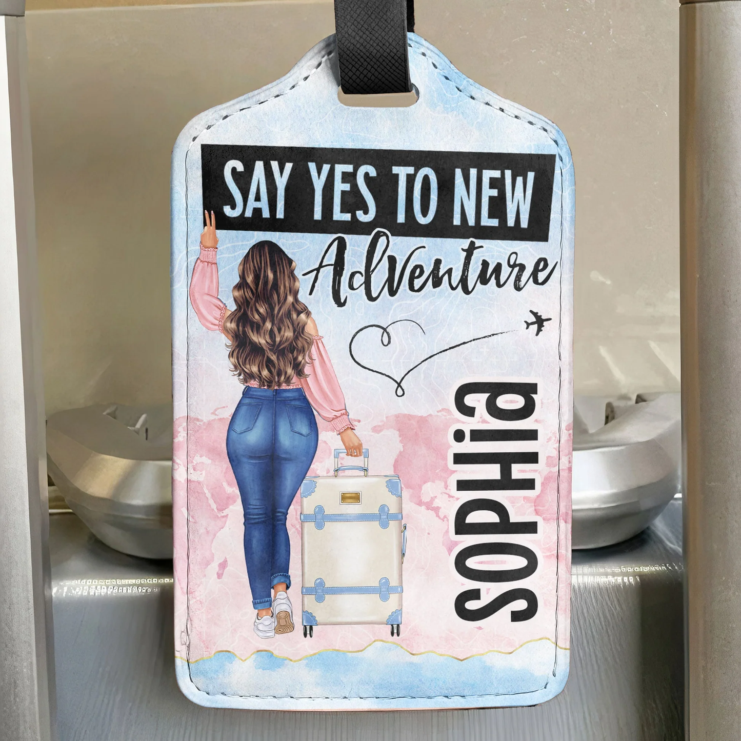 Leather Luggage Tag Personalized for Travel, Girl With Suitcase Adventure Design, Unique Creative Gift for Cruise or Trips