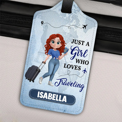 Personalized Leather Luggage Tag Just a Girl Who Loves Traveling Cartoon Design - Unique Travel Gift