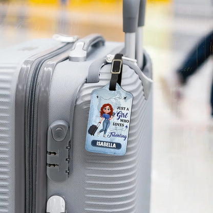 Personalized Leather Luggage Tag Just a Girl Who Loves Traveling Cartoon Design - Unique Travel Gift